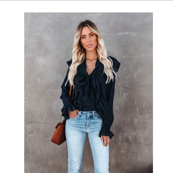 Vici Tops - VICI COLLECTION Cool Meadow Ruffle Tie Top - Ocean Dip